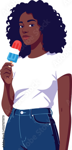 Woman with afro hairstyle eating red white and blue popsicle summer lifestyle vector illustration 