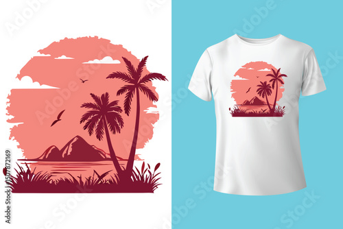 Summer Escape T-Shirt Design – Beach and Palm Tree Vector, Hot Summer Vibes – Stylish T-Shirt Graphic for Sunny Days, Beach Mood T-Shirt Art – Summer Illustration with Sun and Sea, Summer Daydream.