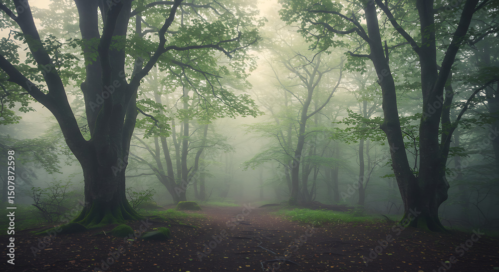 Obraz premium Enchanting Misty Forest Path Mysterious Green Trees Foggy Woodland Trail