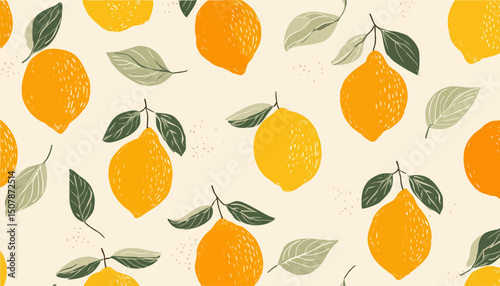 Hand Drawn Yellow Lemon Seamless Pattern on White Background � Minimal Summer Fruit Vector Illustration