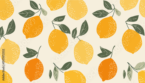 Hand Drawn Yellow Lemon Seamless Pattern on White Background � Minimal Summer Fruit Vector Illustration