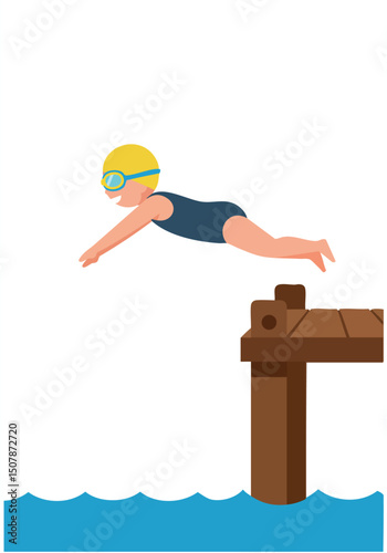 Child swimming diving off wooden dock into water wearing goggles and swim cap vector illustration 