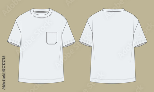 Boy's short sleeve T-shirt with chest pocket. Sketch of Regular shoulder . Front and Back view.