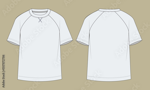 Drawing of a short sleeve T-shirt isolated on a background. Sketch of Reglan T-shirt . Front and Back view.