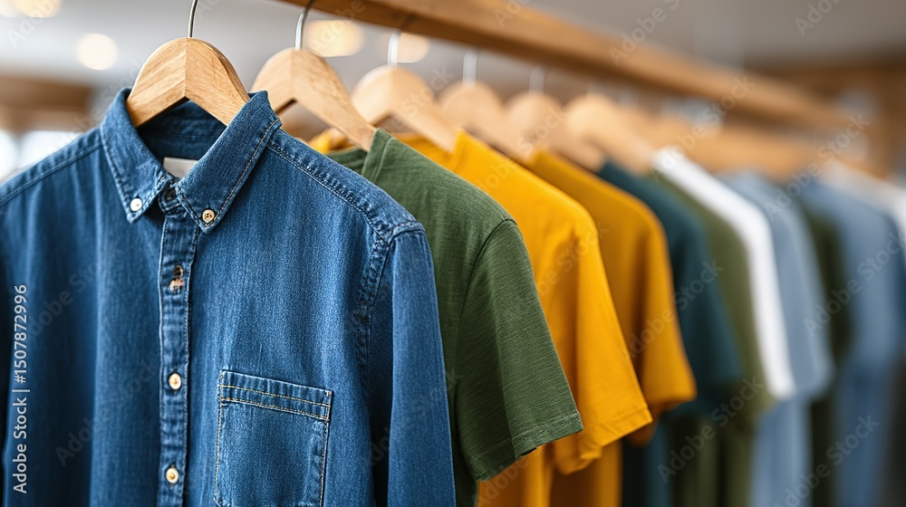 Obraz premium Variety of shirts on hangers in a store.