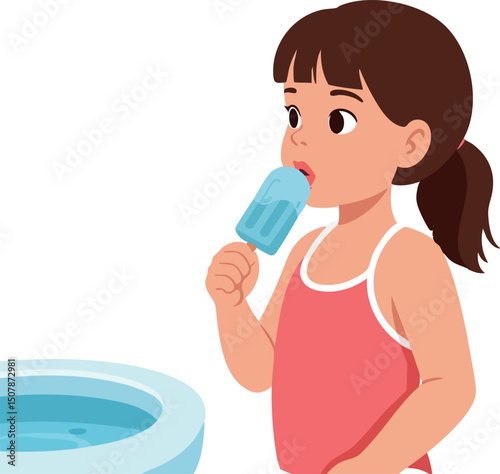 Girl Eating Blue Ice Cream Popsicle Near Pool Summer Refreshment Vector Illustration 