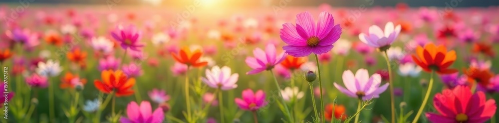 Fototapeta premium Cosmos flowers in full bloom, a sea of color in a vast field , nature, landscape