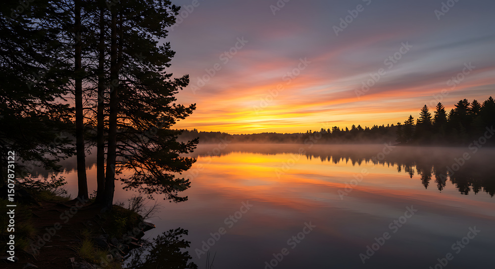 Fototapeta premium Serene Sunrise over Misty Lake with Silhouetted Pines Calm Waters Reflecting Colorful Sky