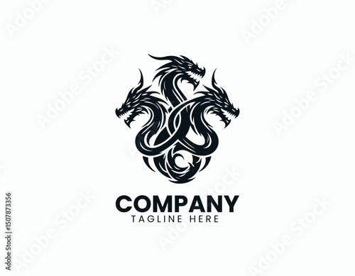 Mystical Three-Headed Dragon Emblem Illustration Vector Logo Design