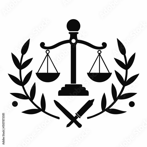 Law and Justice Symbol Laurel Wreath Courtroom Icon with Scales and Gavel Minimalist Vector Design