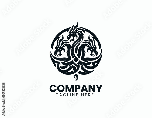 Mystical Three-Headed Dragon Emblem Illustration Vector Logo Design