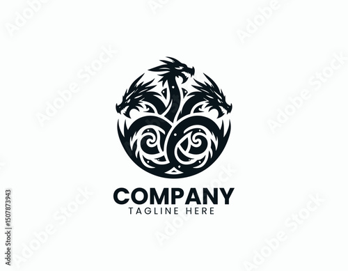 Mystical Three-Headed Dragon Emblem Illustration Vector Logo Design