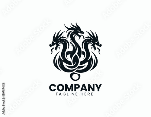 Mystical Three-Headed Dragon Emblem Illustration Vector Logo Design
