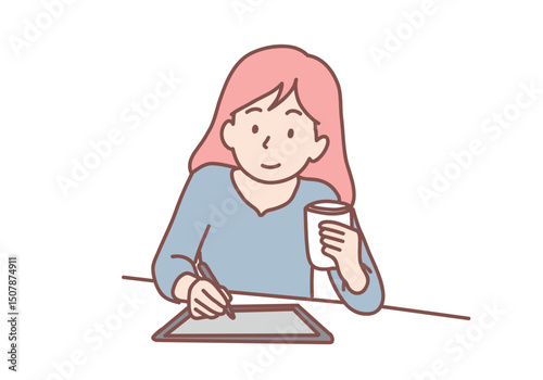 Graphic designers, digital artist occupation concept. woman drawing on tablet screen with stylus, relaxed girl drinking coffee. Hand drawn style vector design illustrations.