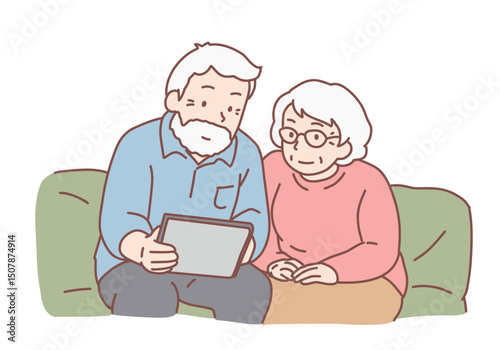 Technology spread, oldster education, active social life, online communication, senior couple with tablet together. Hand drawn style vector design illustrations.