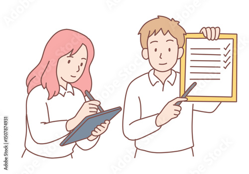 Smiling businessman coach trainer standing and showing presentation teaching woman worker. Hand drawn style vector design illustrations.