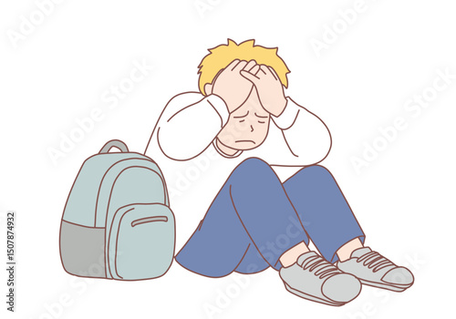Despair, depression, mental stress, bullying concept. Young desperate frustrated depressed child schoolboy sitting crying. Negative emotions or bad news. Hand drawn style vector design illustrations.