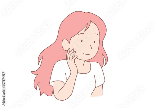 Beauty, cosmetics, home skincare concept. Young smiling woman  looking good and fresh. Dermatology, cosmetology. Hand drawn style vector design illustrations.