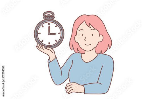 Successful time management and alarm concept. Smiling woman  standing showing alarm clock with eight hours time on it. Hand drawn style vector design illustrations.