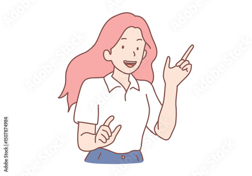 Smiling woman point up at good deal or offer. Happy girl show with fingers up recommend good sale or discount. Copy space. Hand drawn style vector design illustrations.