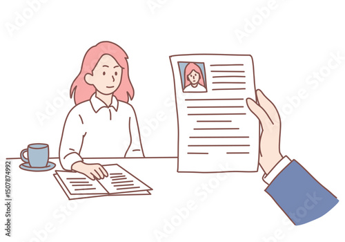 Human resources concept. woman job seeker applicant candidate sitting and going through interview with hand of manager with her resume. Hand drawn style vector design illustrations.