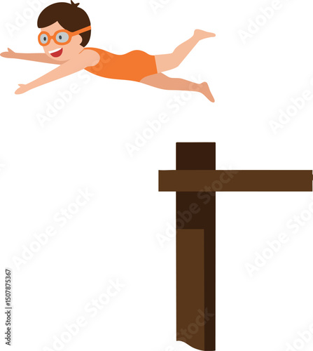 Boy diving into pool from diving board in summer swimwear vector illustration 