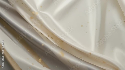Flowing White Satin Fabric with Golden Splatter: Abstract Textile Motion