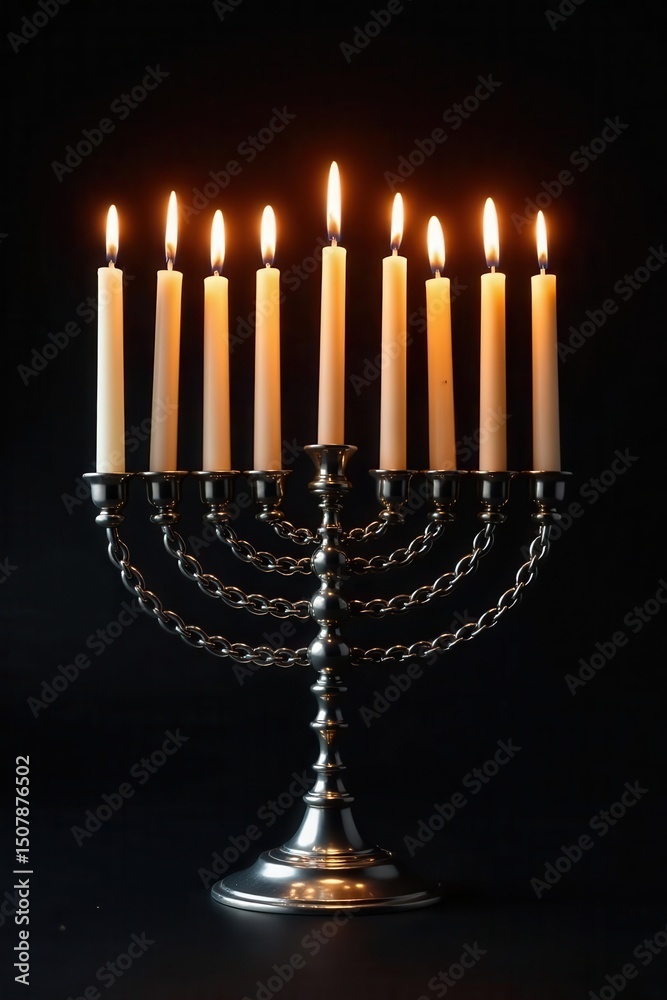 Fototapeta premium Burning Hanukkah candles illuminate a silver menorah, black backdrop, lamp, light