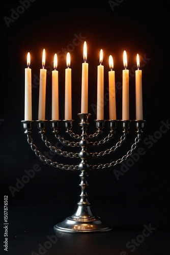 Burning Hanukkah candles illuminate a silver menorah, black backdrop, lamp, light