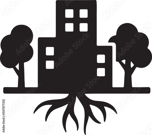 Silhouette vector of a green city with trees, symbolizing urban sustainability, eco-friendly living, green architecture, and environmental harmony.
