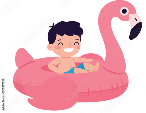 Boy enjoying summer in pink flamingo inflatable pool float vector illustration 