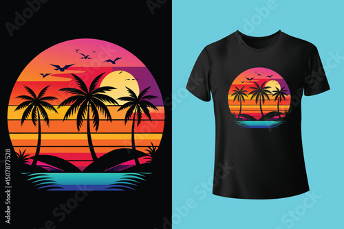 Summer Escape T-Shirt Design – Beach and Palm Tree Vector, Hot Summer Vibes – Stylish T-Shirt Graphic for Sunny Days, Beach Mood T-Shirt Art – Summer Illustration with Sun and Sea, Summer Daydream.