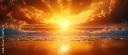 Fiery Sunset Over Ocean Waves