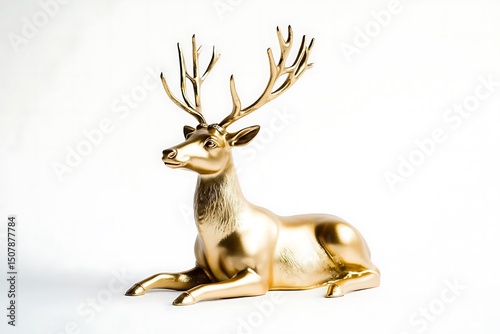 A golden deer figurine lying down with antlers on a white background in a studio setting