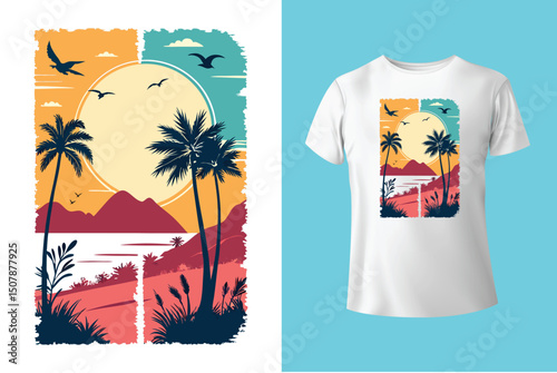 Summer Escape T-Shirt Design – Beach and Palm Tree Vector, Hot Summer Vibes – Stylish T-Shirt Graphic for Sunny Days, Beach Mood T-Shirt Art – Summer Illustration with Sun and Sea, Summer Daydream.