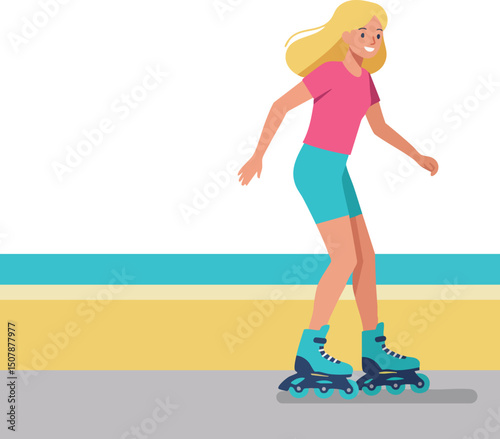 Woman roller skating outdoors active lifestyle illustration in vibrant colors vector 