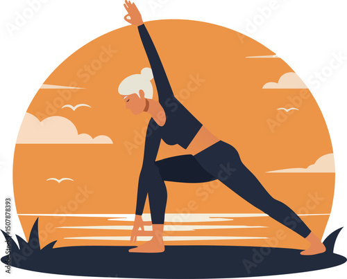 Woman stretching exercise silhouette with orange sunset background vector illustration 