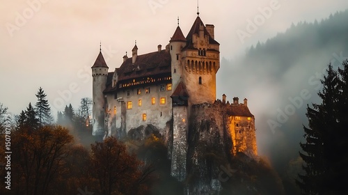 Majestic stone castle atop a misty hill.