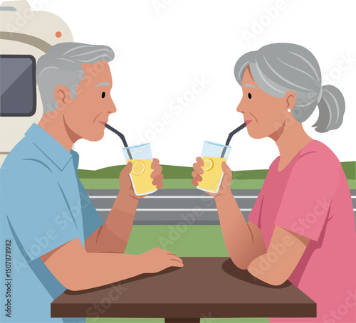 Elderly Couple Drinking Juice Together Sitting at Table in Outdoor Setting Vector Illustration 