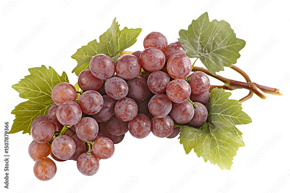 Fototapeta premium Red Grapes With Green Leaves Attached To The Stem, Isolated On a Clean White Background