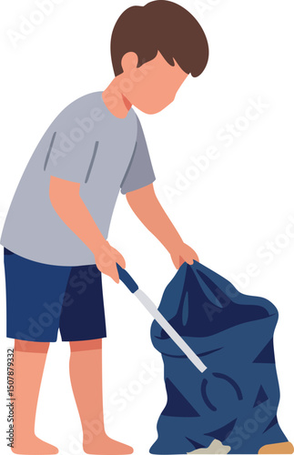Boy Cleaning Up Garbage Using Grabber Tool and Trash Bag Outdoor Vector Illustration 