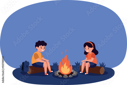 Children Sitting Around Campfire Outdoor Camping Adventure Evening Scene Vector 
