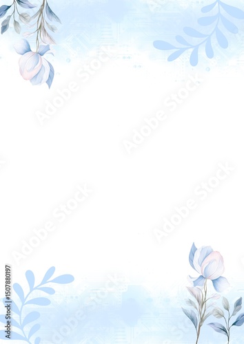 Abstract blue floral design with a pink flower, leaf, and border pattern illustration