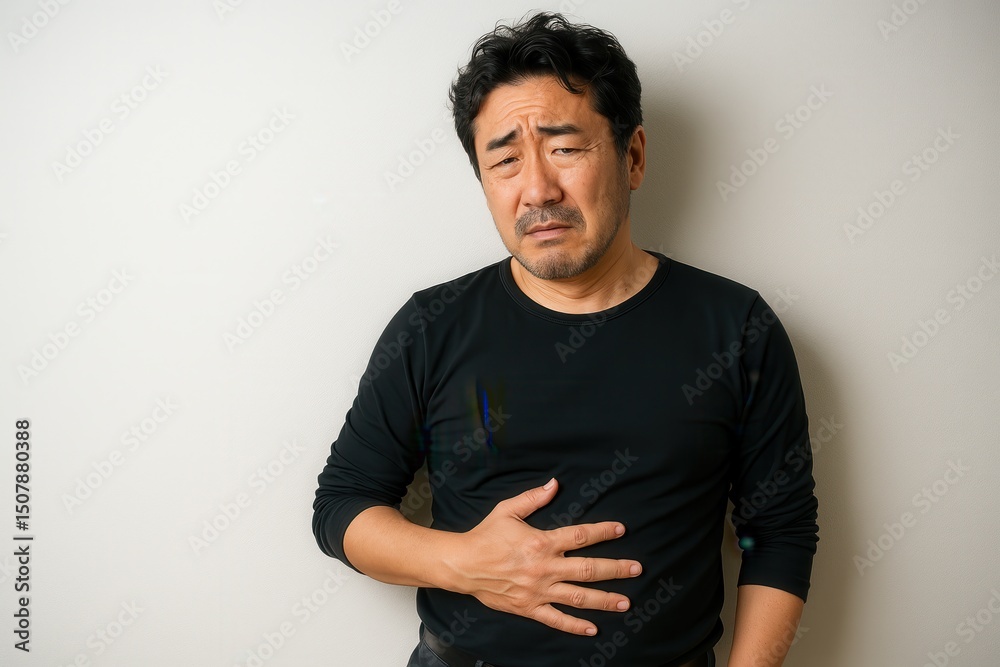 Obraz premium 腹痛を訴える中年男性、体調不良と健康問題のイメージ
