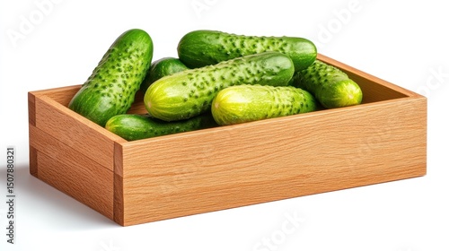Fresh Green Cucumbers in Wooden Crate