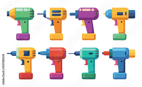 Colorful Cordless Drill Icons A Set of Eight Unique Designs for DIY Projects and Tool Illustrations