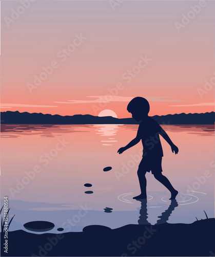 Boy skipping stones on lake at sunset with calm sky and peaceful water reflection vector 