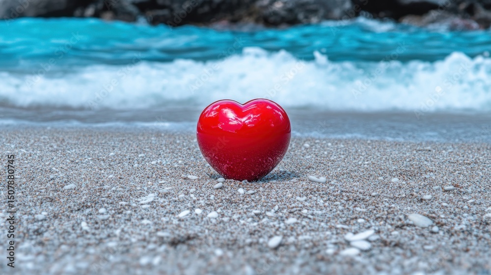 Obraz premium Red Heart on the Beach, Ocean Waves in Background