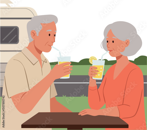 Elderly couple drinking lemonade at outdoor table in casual summer setting vector illustration 