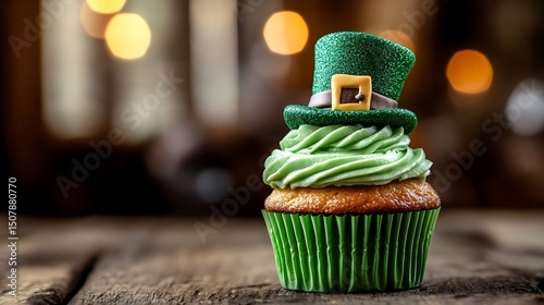 Festive leprechaun cupcake on wooden table.